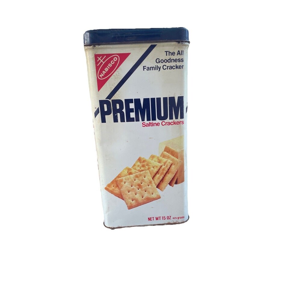 Vintage 1978 Nabisco Premium Saltine Crackers 15oz. Tin Canister Blue Lid